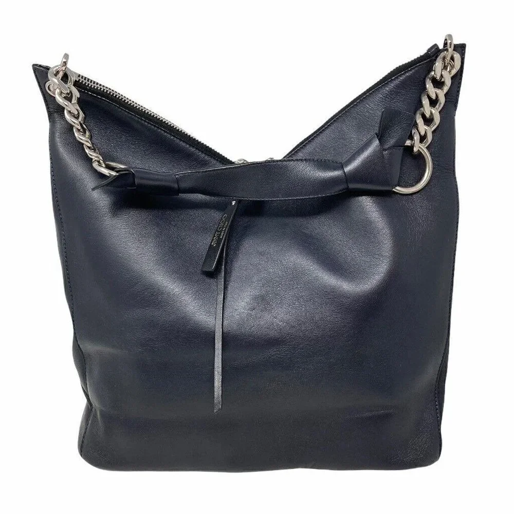 Jimmy Choo Raven Hobo Handbag Purse Black Leather Pocket Double Zipper Chain